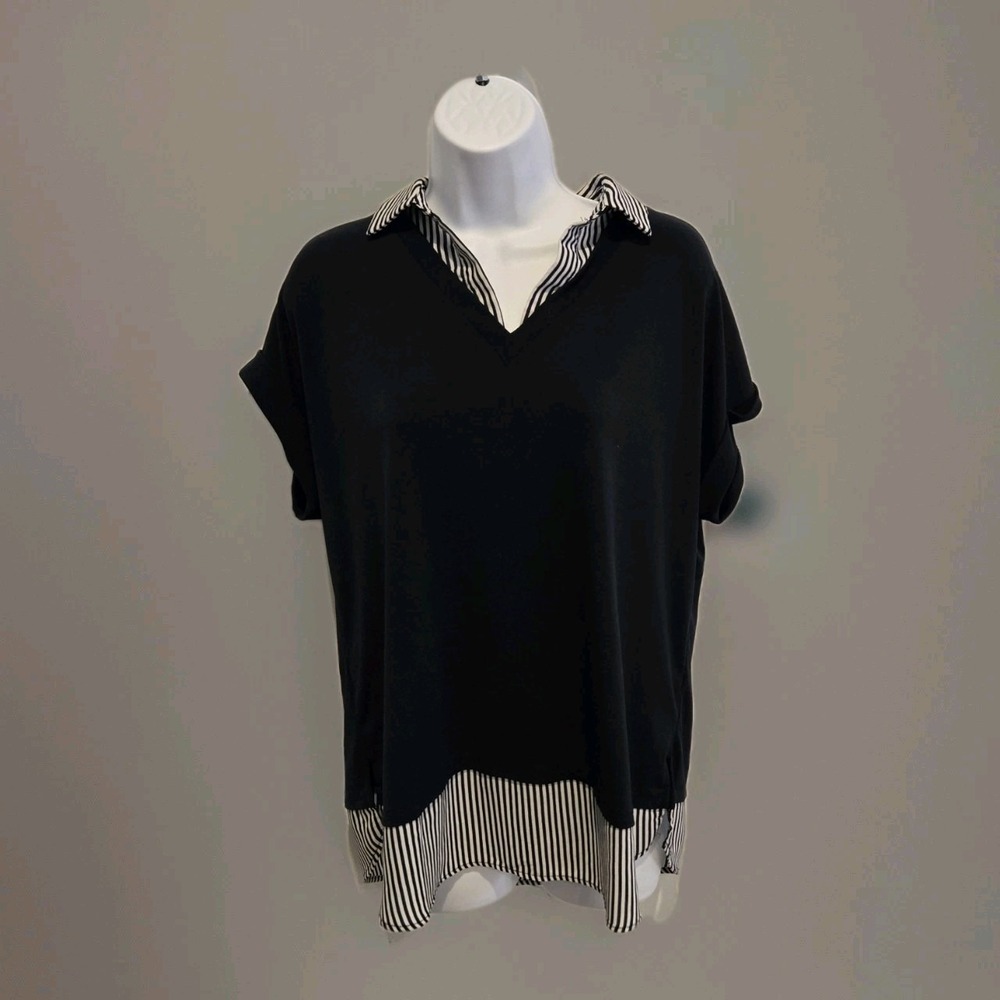 Adrianna Papell Women's V- neck Cap Sleeves Top Stretch Navy White Size Medium‎